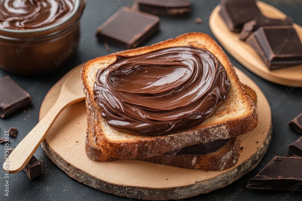 Delicious chocolate spread on toasted bread with chocolate pieces Delicious chocolate spread on toasted bread with chocolate pieces