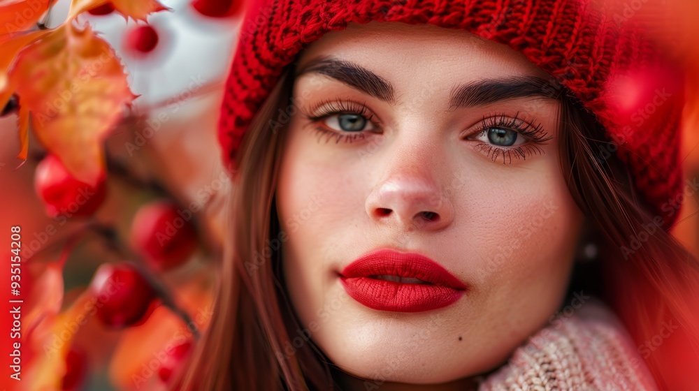 A woman in a red hat holds a tree branch laden with red berries A woman in a red hat holds a tree branch laden with red berries