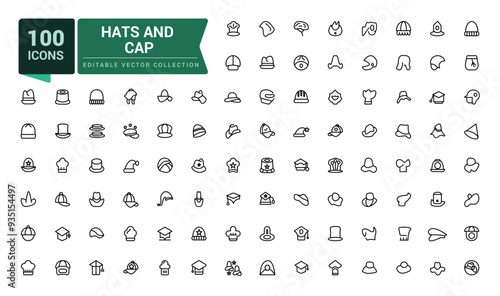 Hats and cap icons set. Including to beanie, bowler, sun visor, and cowboy. Pixel perfect, minimalistic outline icons collection. Editable vector illustration.