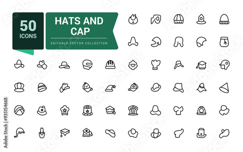 Hats and cap icons set. Including to beanie, bowler, sun visor, and cowboy. Pixel perfect, minimalistic outline icons collection. Editable vector illustration.