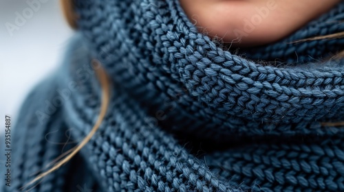  A person, face-on, holds a cell phone near, clad in a blue knitted scarf photo