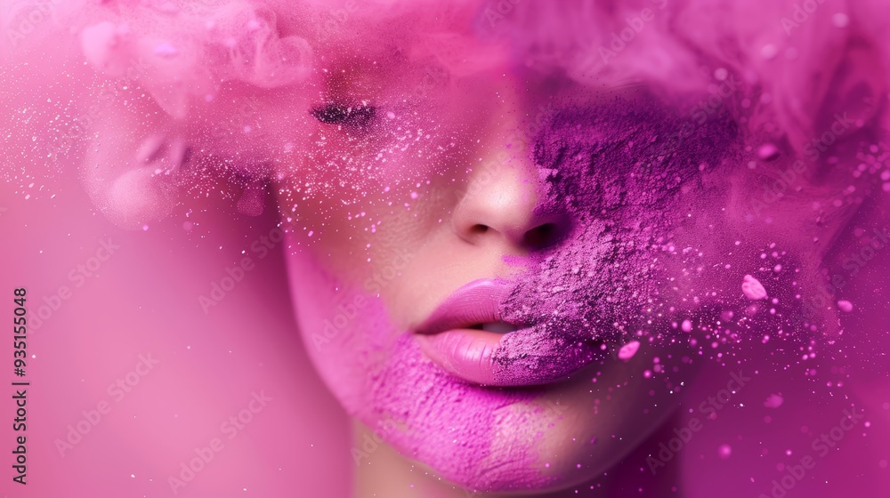 A woman with pink powder on her face; hair blowing in the wind Her visage is entirely powdered pink A woman with pink powder on her face; hair blowing in the wind Her visage is entirely powdered pink