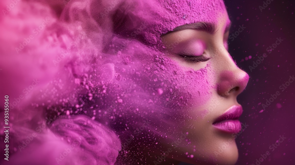 A woman with closed eyes and flowing hair amidst swirling pink smoke A woman with closed eyes and flowing hair amidst swirling pink smoke