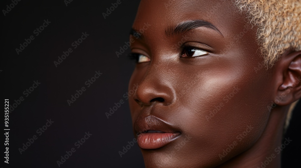 A tight shot of a woman's face with short blonde hair and brown eye shadow against a black backdrop A tight shot of a woman's face with short blonde hair and brown eye shadow against a black backdrop