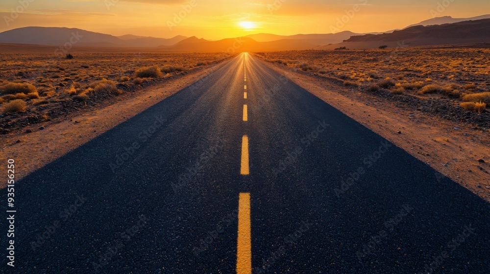 Naklejka premium asphalt road in the desert at sunset. View from above.