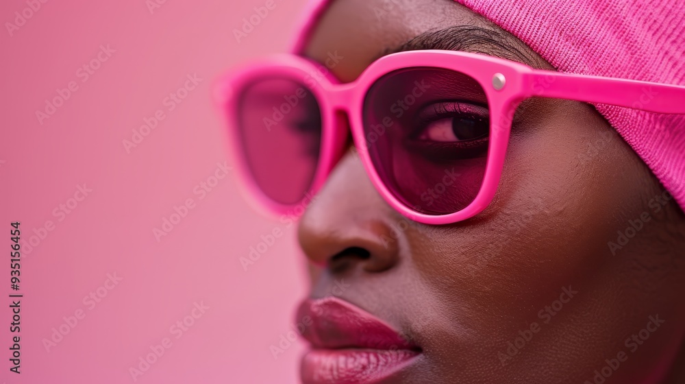 A woman wears pink sunglasses, a pink towel on her head, and a pink hat in this close-up A woman wears pink sunglasses, a pink towel on her head, and a pink hat in this close-up