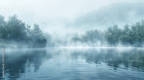 Gentle mist over a calm lake with a blank sky section for text