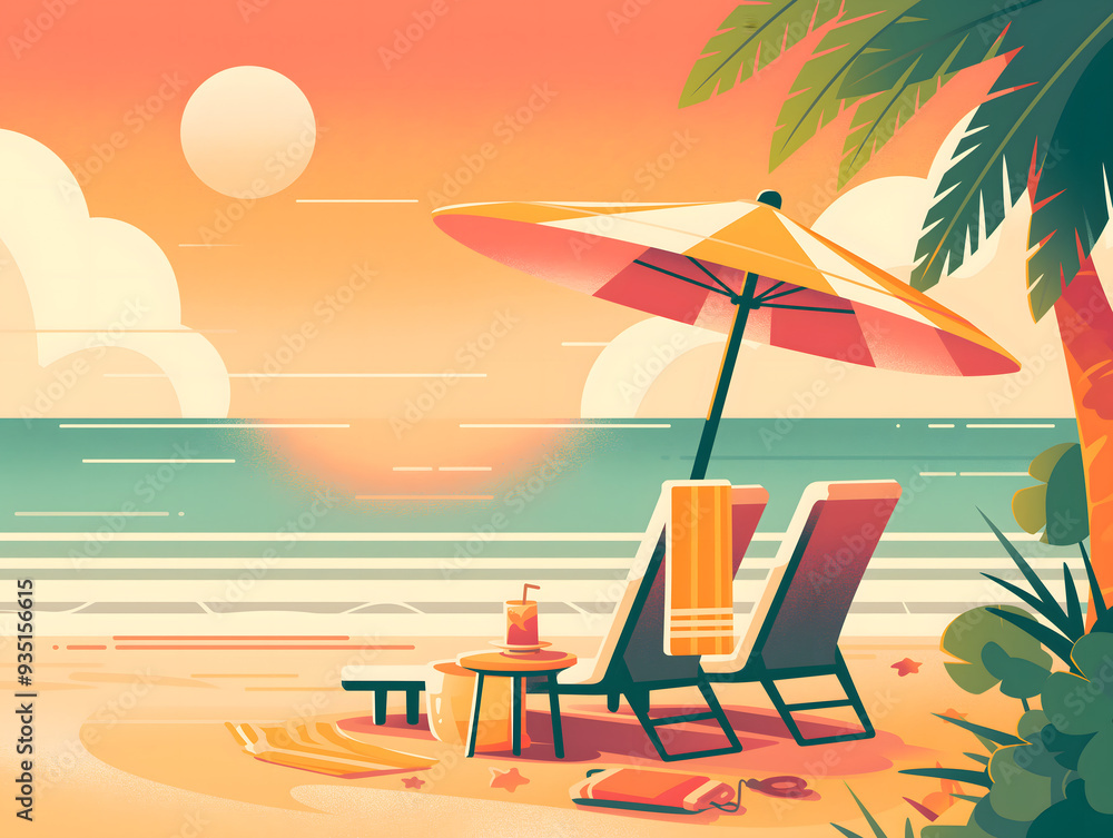 Fototapeta premium 夏日海边的沙滩和绿色椰子树
