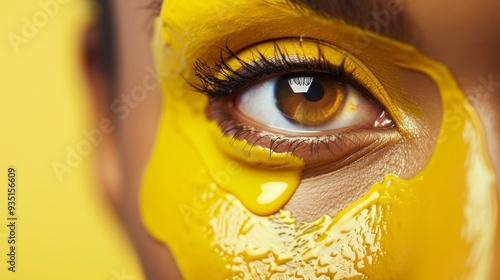  A tight shot of a woman's teary eye, smeared with yellow paint, as yellow liquid flows out photo