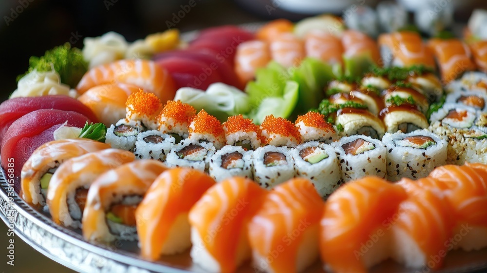 A close up of a variety of sushi rolls on a platter, including salmon, tuna, and avocado. A close up of a variety of sushi rolls on a platter, including salmon, tuna, and avocado.