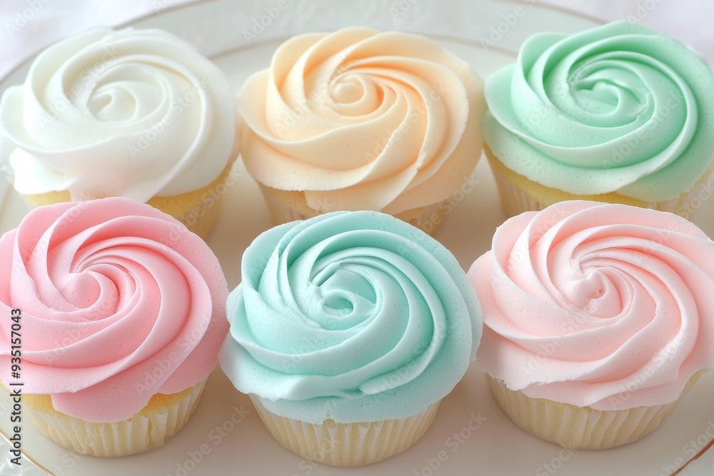 Pastel frosted cupcakes on white plate Pastel frosted cupcakes on white plate