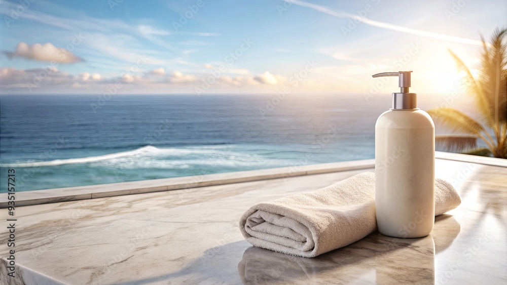 Shampoo bottle and towel on marble table with sunny sea view Shampoo bottle and towel on marble table with sunny sea view