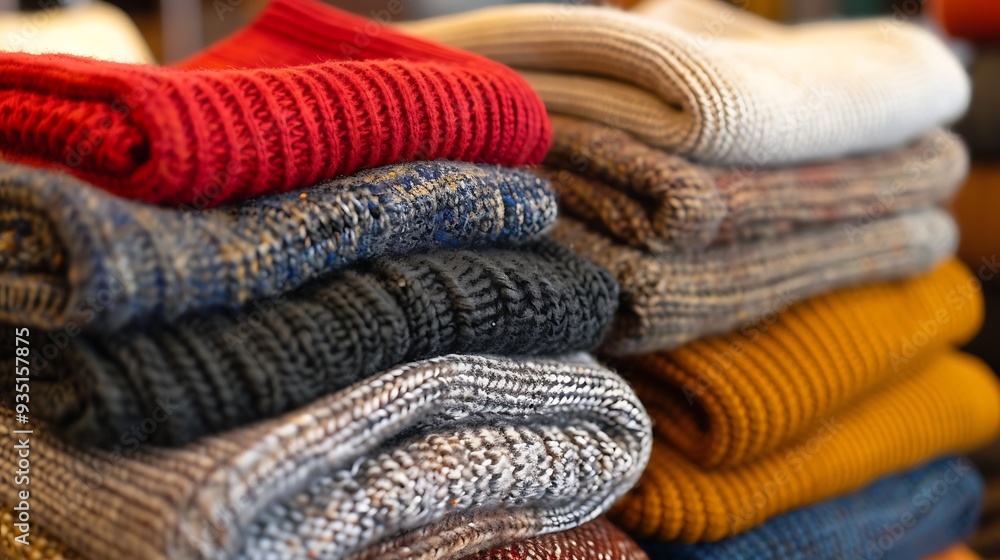 Folded knitwear stacked neatly ready for retail Folded knitwear stacked neatly ready for retail