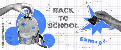 Back to School Banner. Trendy halftone collage, backpack, school bell, doodles on checkered background. Concept of learning, knowledge.