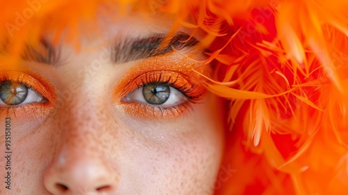  A tight shot of a woman's face adorned with vibrant orange feathers atop her head, accompanied by matching orange eyeshadow