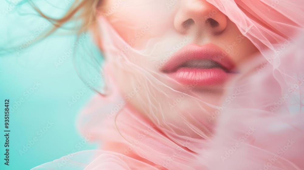  A tight shot of a woman's face, her eyes covered by a veil, and hair billowing in the wind