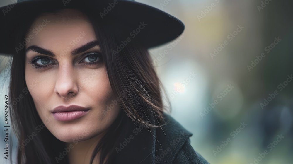A woman in a black hat and coat, with the coat draped over her shoulders, revealing a black hat on her head A woman in a black hat and coat, with the coat draped over her shoulders, revealing a black hat on her head