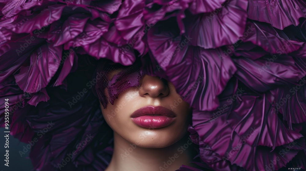 A woman's face with closed eyes is highlighted by a large purple flower atop her head A woman's face with closed eyes is highlighted by a large purple flower atop her head