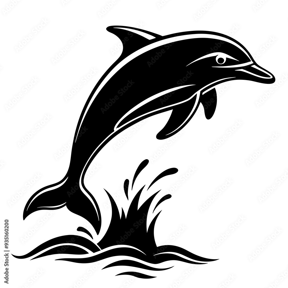 Fototapeta premium Dolphin black silhouette on white background