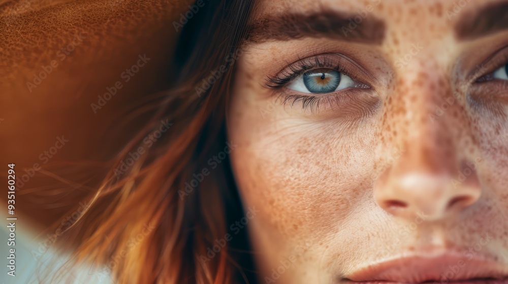 A tight shot of a woman's freckled face, adorned with a hat atop her head A tight shot of a woman's freckled face, adorned with a hat atop her head
