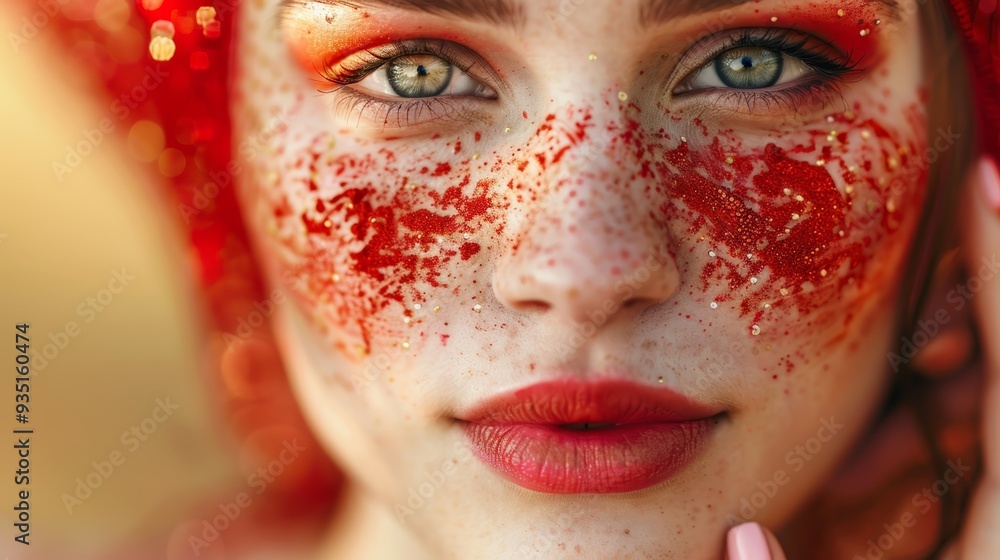 red paint smeared across cheeks, scarlet scarf draped over head red paint smeared across cheeks, scarlet scarf draped over head