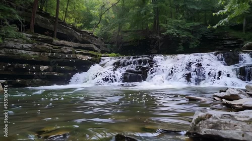 Gentle water flows over mossy rocks, creating a stunning forest waterfall with soothing sounds, surrounded by vibrant foliage. Enjoy the tranquil beauty of nature in pennsylvania's bushkill falls photo