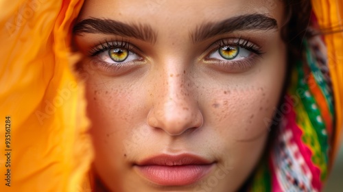  A close-up of a woman with freckles scattered on her face and head