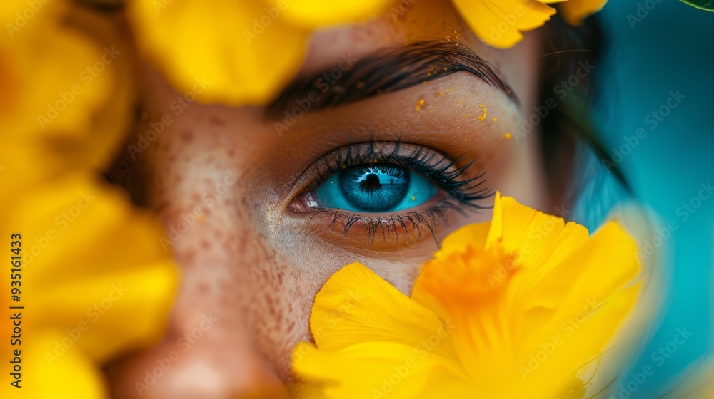 A tight shot of a woman's face with expressive blue eyes, yellow flowers arranged near A tight shot of a woman's face with expressive blue eyes, yellow flowers arranged near