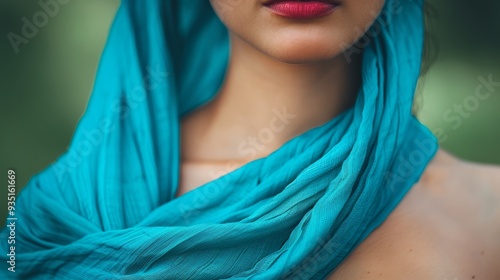  A woman wears a blue headscarf and applies red lipstick, while donning a green scarf around her neck