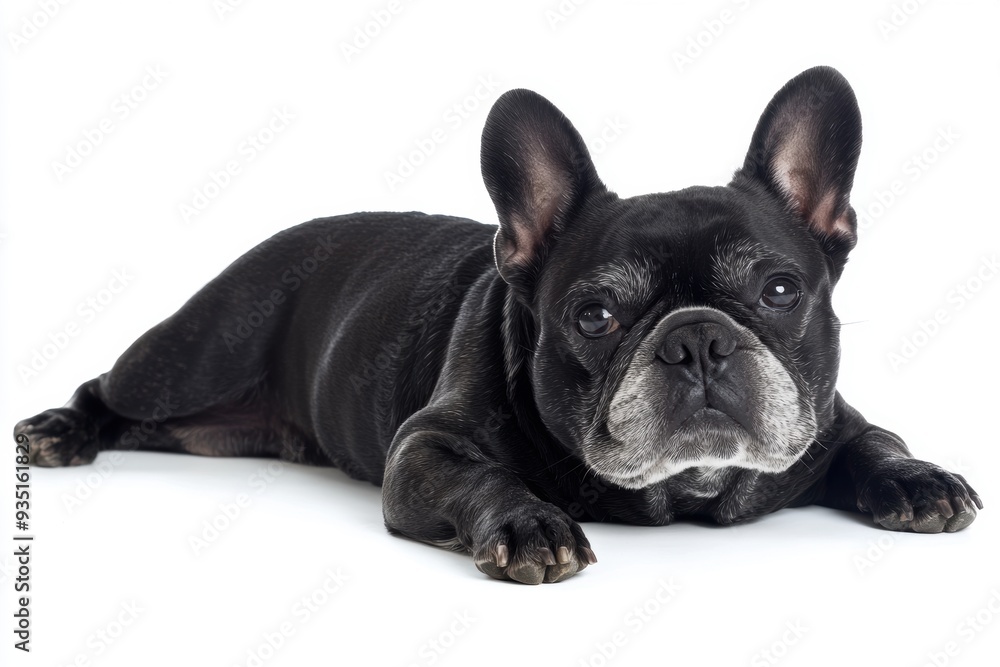 Relaxed black french bulldog lying on white background Relaxed black french bulldog lying on white background