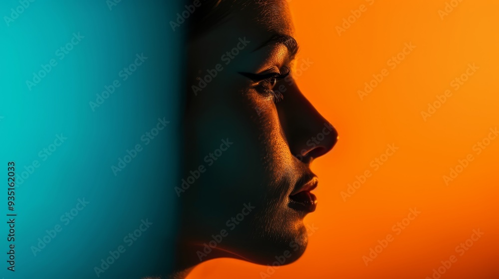 A woman's face, half-visible, against a vibrant backdrop of blue and orange A woman's face, half-visible, against a vibrant backdrop of blue and orange