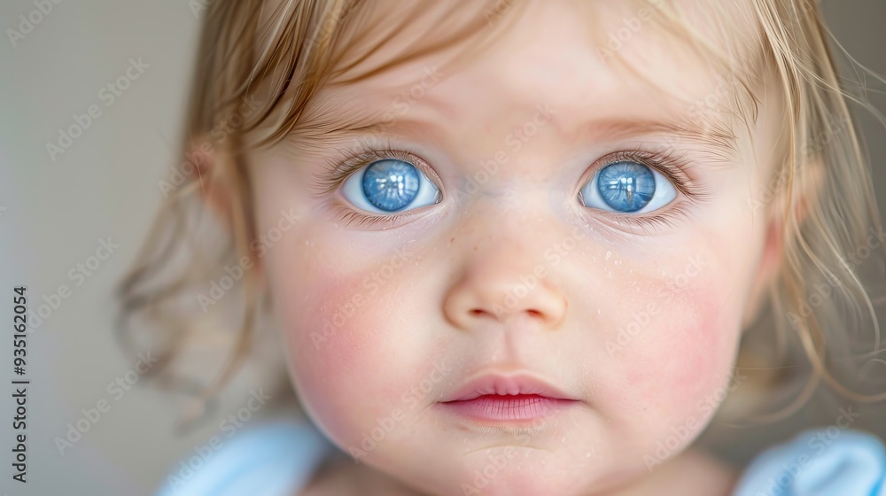A tight shot of a child's blue-eyed face, gazing into the camera with a tied neck A tight shot of a child's blue-eyed face, gazing into the camera with a tied neck