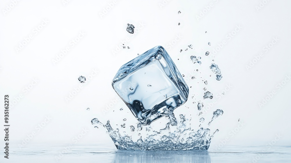 A single ice cube splashes into water against a white background. A single ice cube splashes into water against a white background.