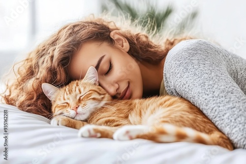 Obraz na płótnie Serene woman embracing ginger cat on cozy afternoon w salonie