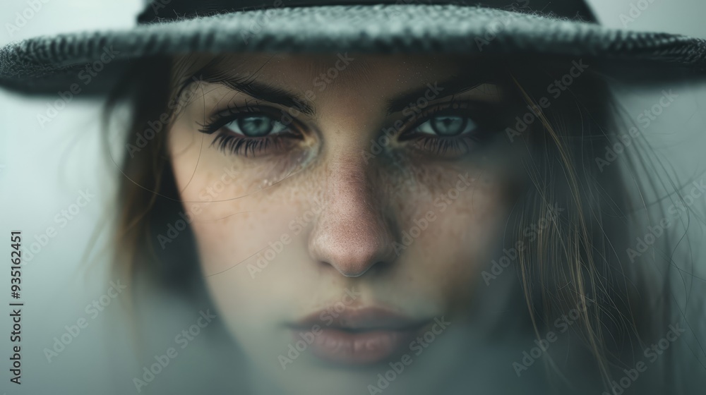 A woman in a hat, her freckled face closely shown - eyes included A woman in a hat, her freckled face closely shown - eyes included