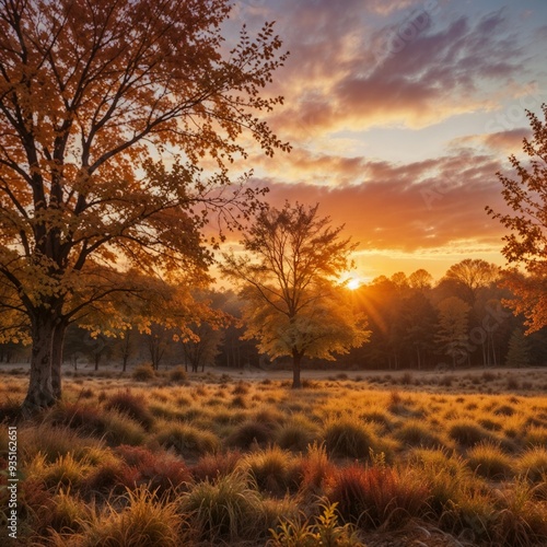 A stunning autumn landscape with vibrant foliage and a warm sunset, perfect for nature and seasonal photography themes.