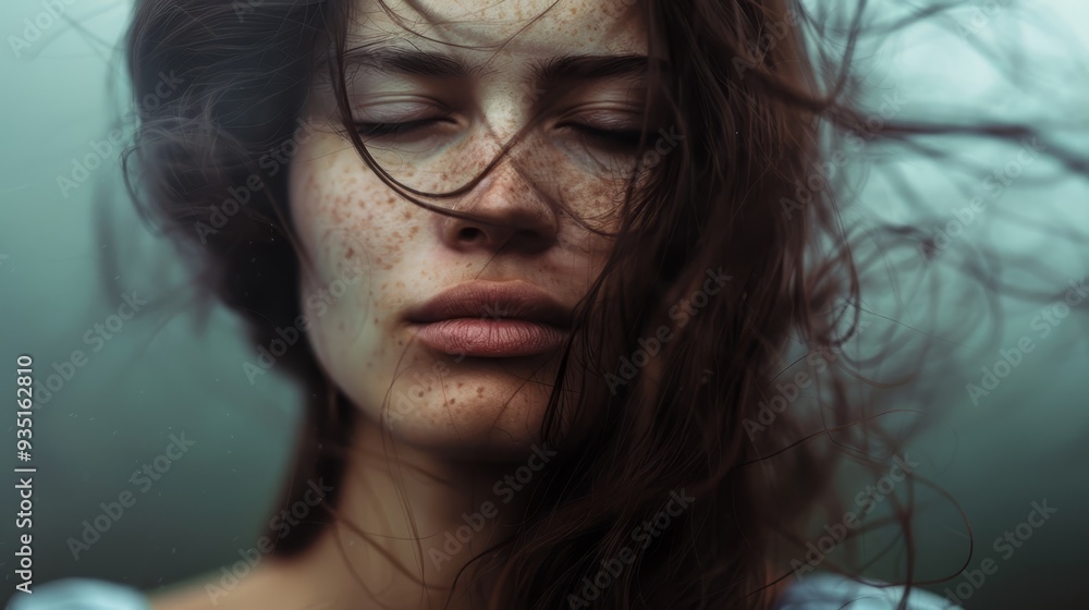 A tight shot of a woman's face adorned with freckles, accompanied by floating freckles above her head A tight shot of a woman's face adorned with freckles, accompanied by floating freckles above her head