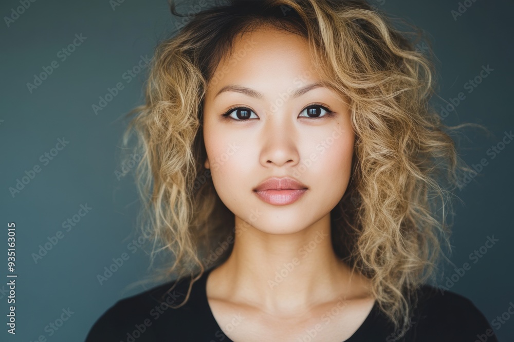 Confident young woman with natural makeup curly hair Confident young woman with natural makeup curly hair