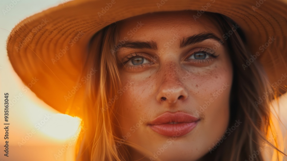 A woman with freckled hair wears a hat, gazing seriously into the camera A woman with freckled hair wears a hat, gazing seriously into the camera