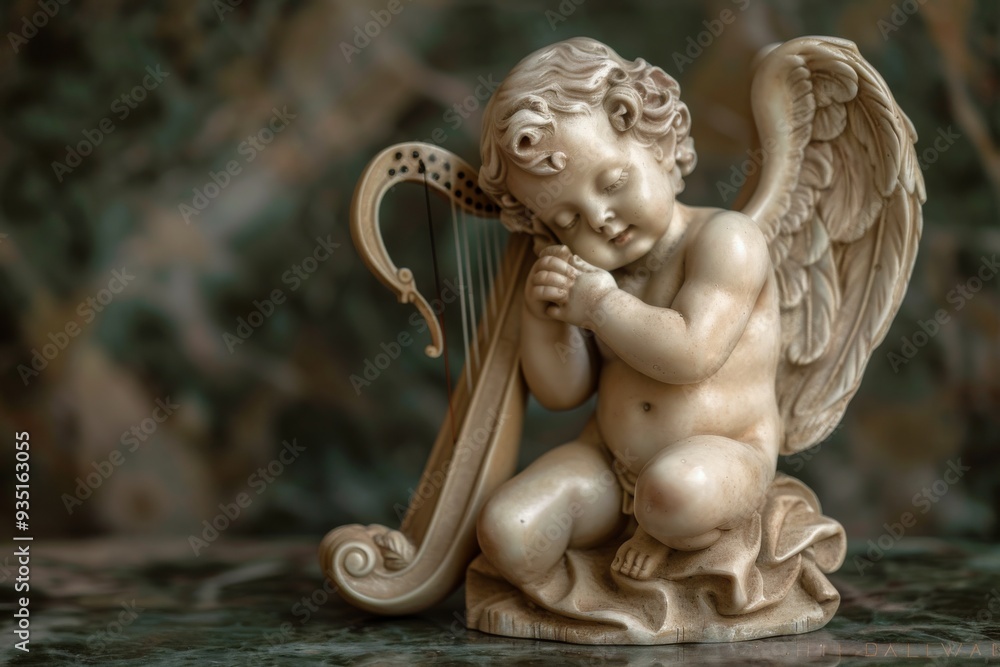 A charming statue depicting a baby holding a harp, capturing innocence and musicality in a graceful design, A small cherub playing with a tiny harp, AI generated A charming statue depicting a baby holding a harp, capturing innocence and musicality in a graceful design, A small cherub playing with a tiny harp, AI generated