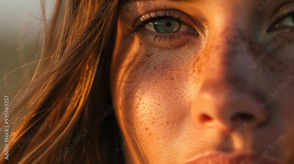 A close-up of a woman's face with freckled skin on her hair and around her eyes A close-up of a woman's face with freckled skin on her hair and around her eyes