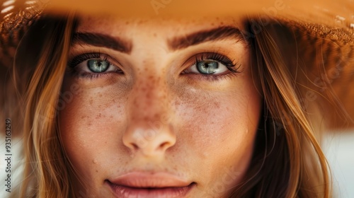  A tight shot of a woman's freckled face, adorned with a hat atop her head