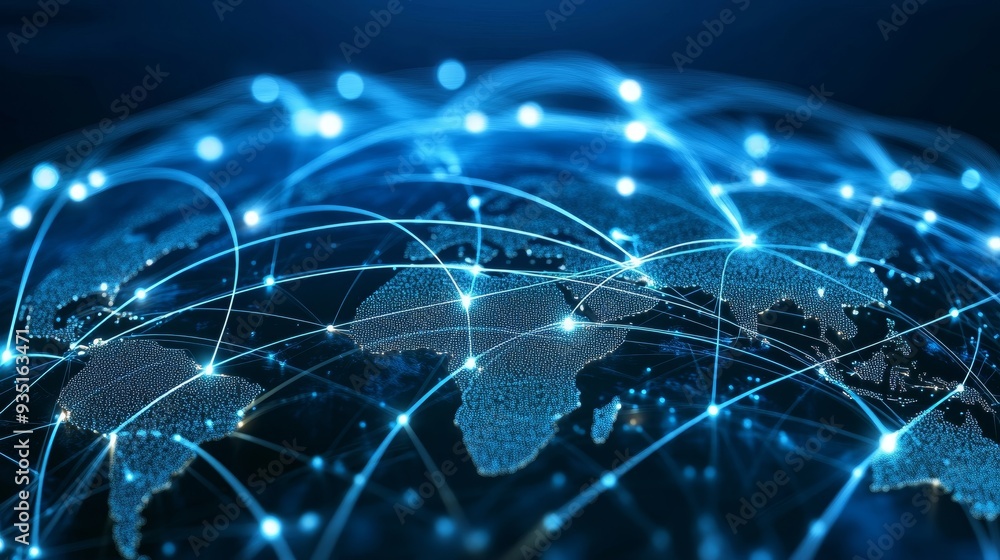 A captivating global network visualization representing interconnected data streams across a digital world map. A captivating global network visualization representing interconnected data streams across a digital world map.