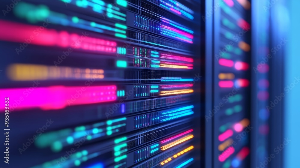 A close-up view of a vibrant data server, showcasing colorful lights and technology in a modern digital environment. A close-up view of a vibrant data server, showcasing colorful lights and technology in a modern digital environment.