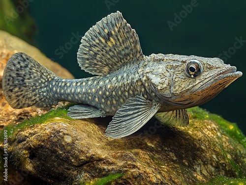 Plecostomus resting on algaecovered rocks, perfectly camouflaged in its environment, Plecostomus, underwater camouflage photo