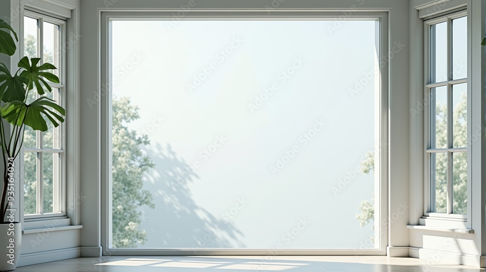 Fototapeta premium Elegant Modern Room with Large Windows and Potted Plants - Bright Sunny Day Illustration