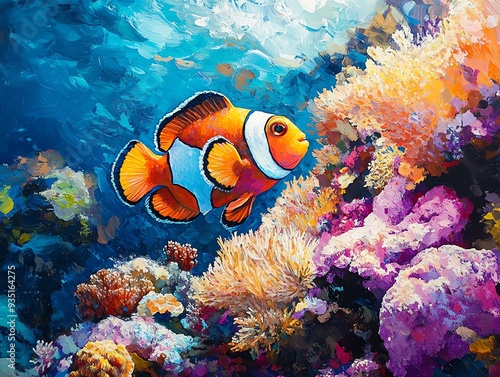 Clownfish playfully weaving through a lush coral reef, bright colors contrasting with the blue sea, Clownfish, vibrant coral habitat photo