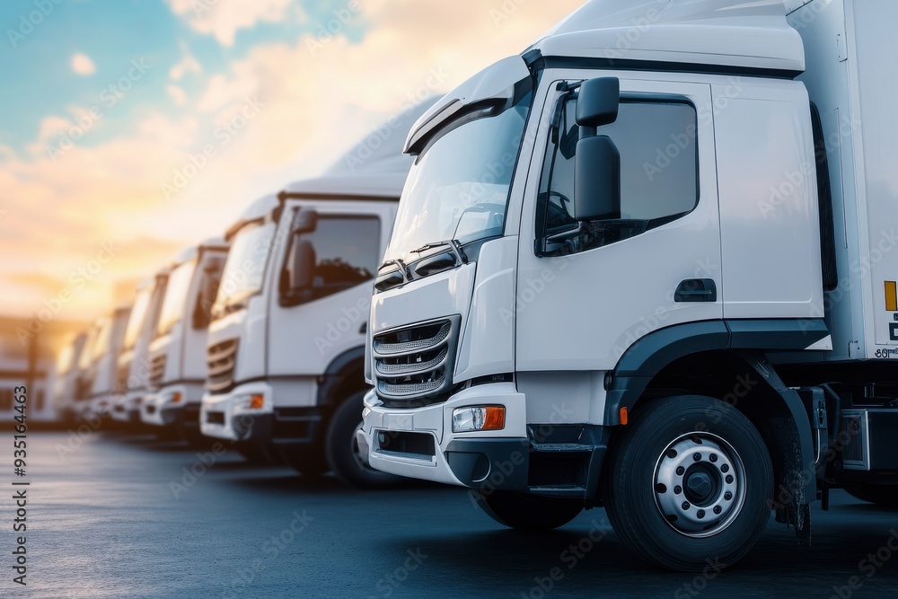 Fleet of trucks captured in close detail, parked in front of a warehouse for goods delivery Fleet of trucks captured in close detail, parked in front of a warehouse for goods delivery