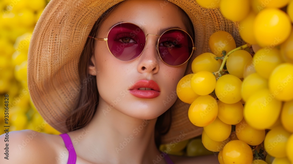 Fototapeta premium A woman, donning sunglasses and a straw hat, stands before a plentiful display of lemons; she too sports a straw hat