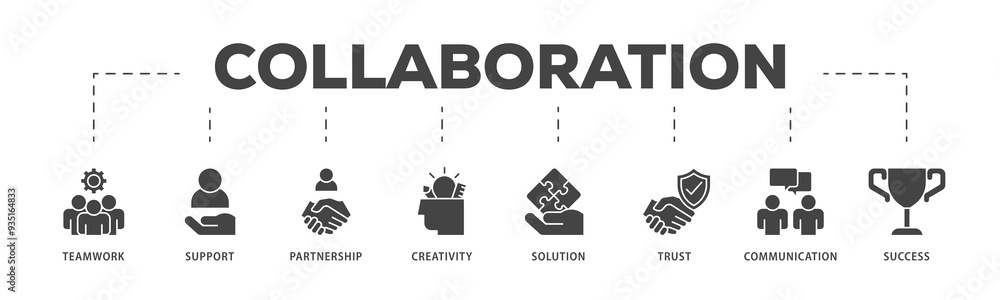 Collaboration icons process structure web banner illustration of teamwork, support, partnership, creativity, solution, trust, communication, success icon png transparent background. Collaboration icons process structure web banner illustration of teamwork, support, partnership, creativity, solution, trust, communication, success icon png transparent background.